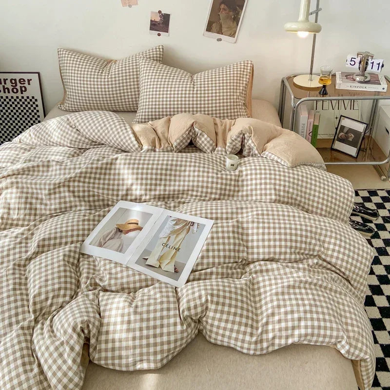 طقم غطاء لحاف بنمط ياباني كاروهات من DecorBites™ - غطاء لحاف ومخدة مغسولان وناعمين