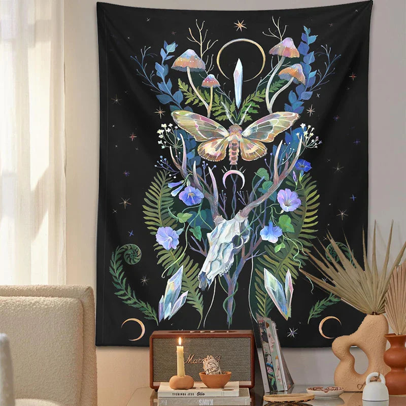 DecorBites™ جمجمة غزال عيش الغراب قمر معلقة حائطية نسيج مخدر ديكور سحر