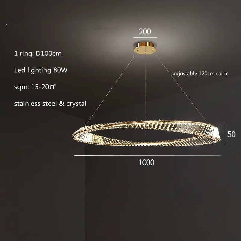 DecorBites™ Gold Steel Rings Crystal Pendant Light