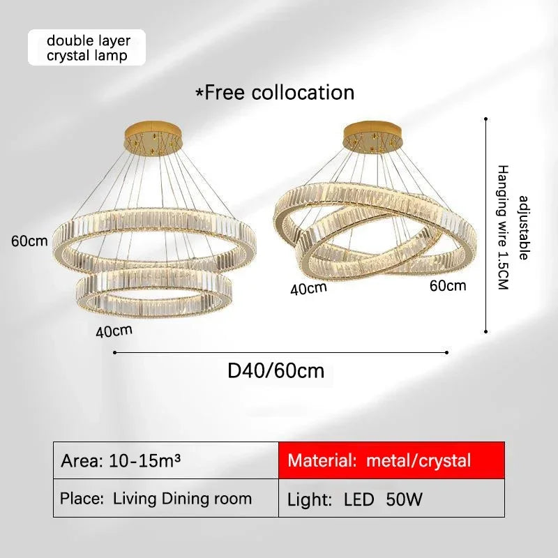 ثريا كريستال ذهبية من DecorBites™: هالة إضاءة LED فاخرة وعصرية بتصميم نورديك لغرفة المعيشة