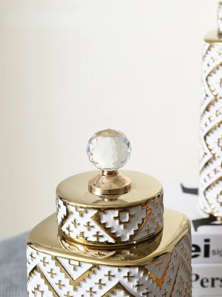 DecorBites™ Geometric Golden Relief Decorative Jar - Ceramic Crystal Vase Storage Jar