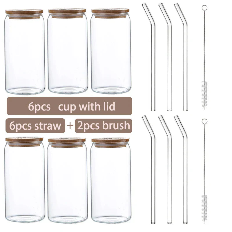 DecorBites™ Glass Cup Set with Bamboo Lid: Bubble Tea, Coffee, Wine, Milk Tea Mug.