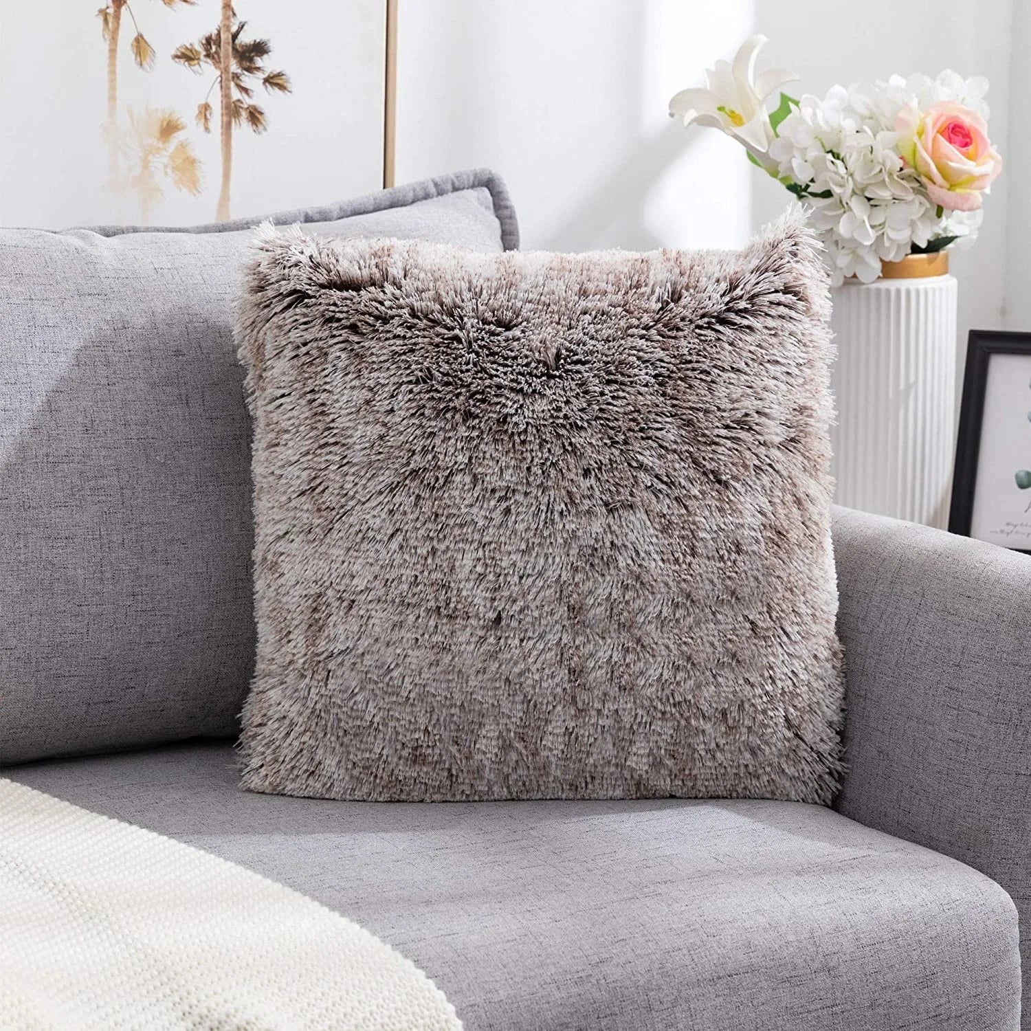 DecorBites™ Cozy Plush Fur Cushion Cover 43x43cm White Grey Sofa Decor Pillowcase