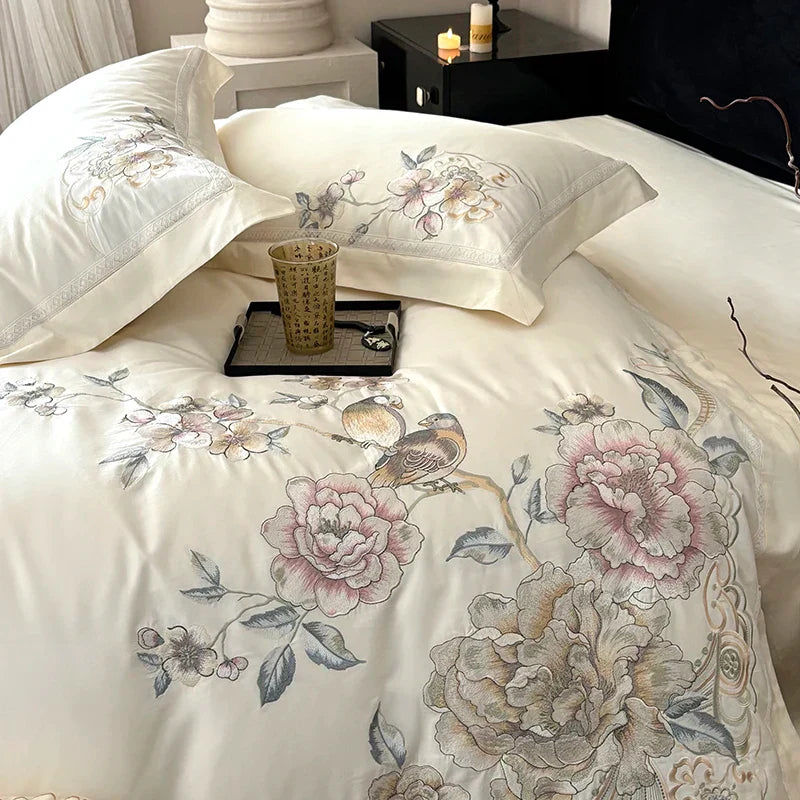 DecorBites™ 5-Piece Chinese Flowers Bird Embroidery Bedding Set, 1000TC Egyptian Cotton, Queen King