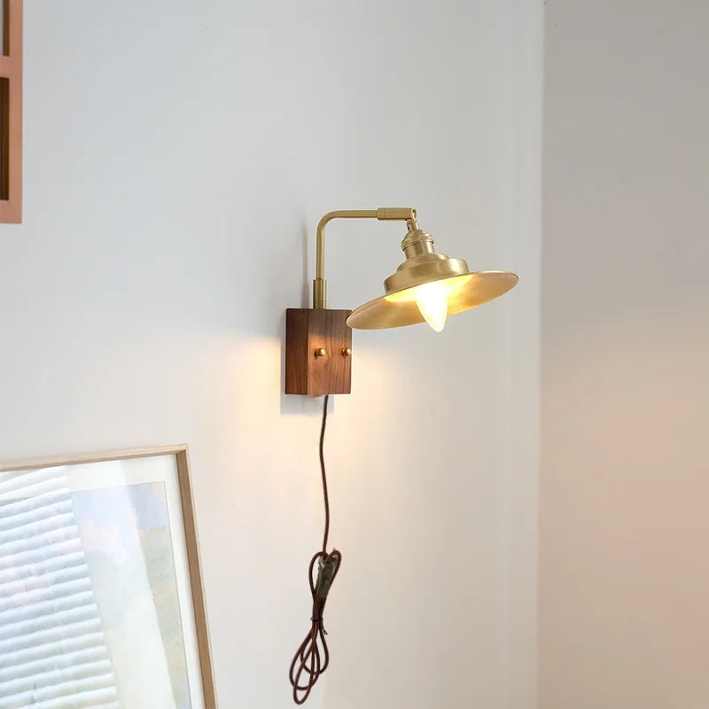 DecorBites™ LED Wall Light Walnut Wood Rotate Copper Bedside Lamp