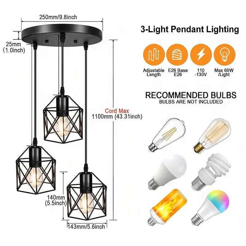 Vintage 3-Light Black Metal Pendant Chandelier