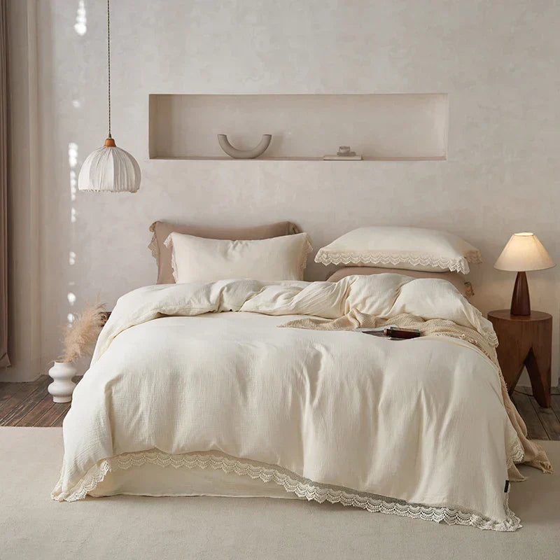 طقم شراشف سرير من القطن بحواف دانتيل من DecorBites™ لبشرة ناعمة مع لحاف وملاءات وأغطية وسائد