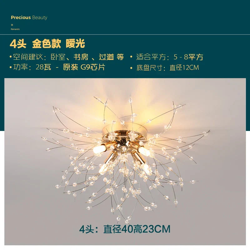 ثريا كريستال جولدن داندلايون من DecorBites™: مصباح سقف نورديك دافئ بتقنية LED لغرفة المعيشة الرومانسية.