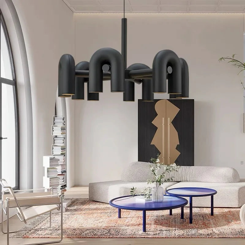DecorBites™ Art Deco Metal Chandelier in Black, Orange, and Gray - Adjustable Cord - Dining Room, Foyer, Bedroom Lighting