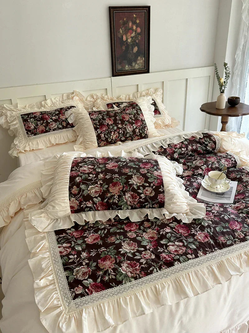 DecorBites™ French Rose Flowers Pattern Bedding Set, 100% Cotton, Ruffles, Duvet Cover, Bed Skirt