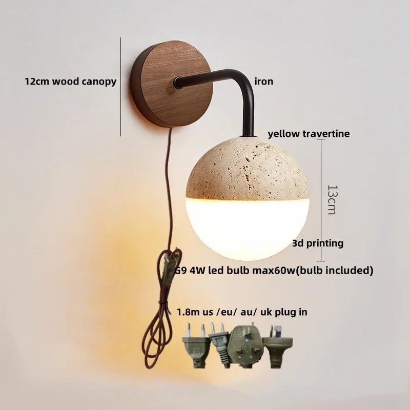 DecorBites™ Japanese LED Wall Lamp, Pull Chain Switch, Yellow Travertine Glass, White Shade