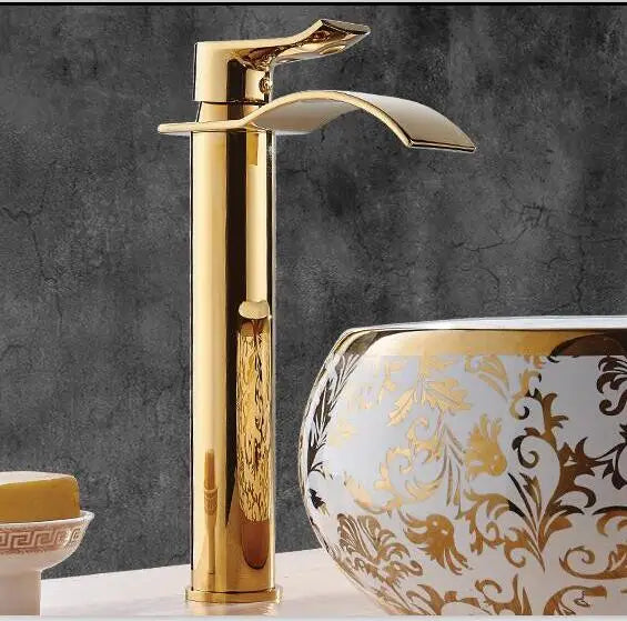 Robinet mitigeur d'évier DecorBites™ cascade doré et blanc pour salle de bain, eau chaude et froide