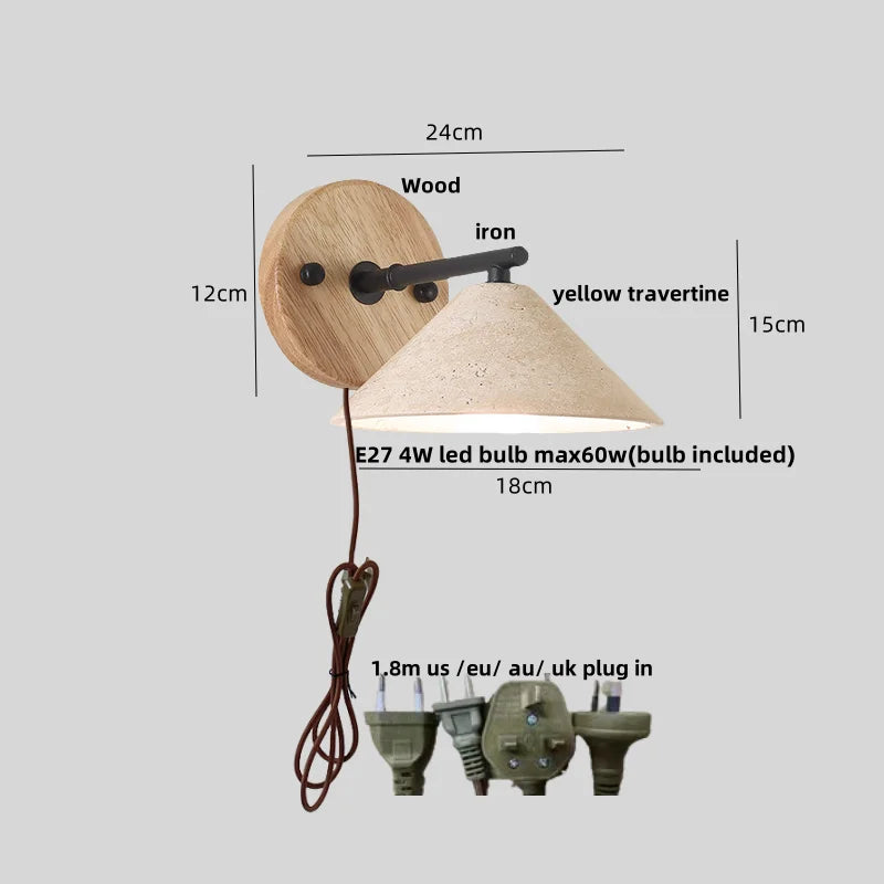 DecorBites™ Iron Yellow Travertine Wall Lights, Pull Chain Switch, LED Sconce for Bedroom, Bathroom.