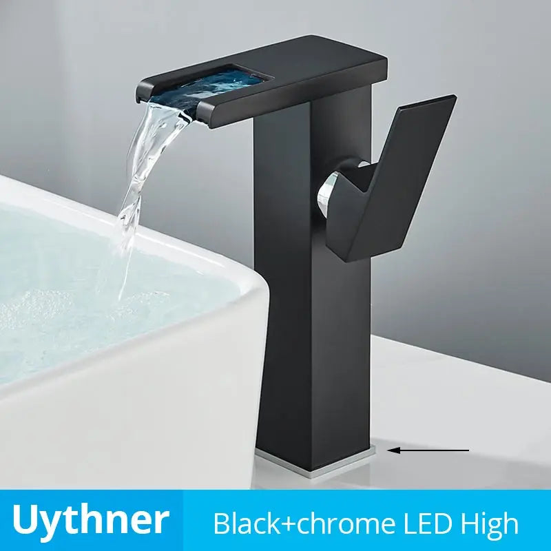 DecorBites™ LED Waterfall Bathroom Sink Faucet Hot Cold Mixer Tap Deck Mounted