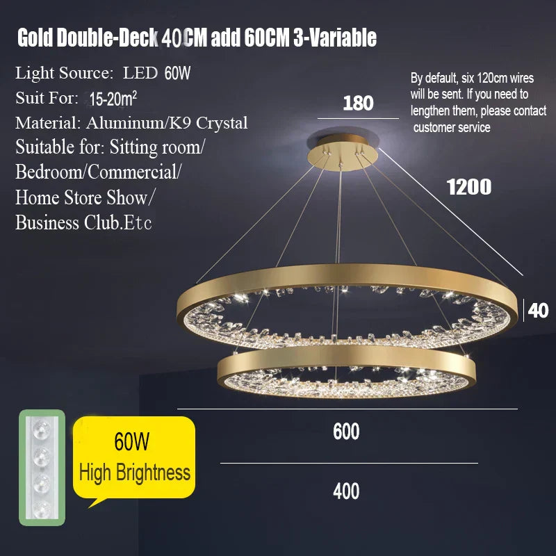 DecorBites™ Crystal Led Chandelier: Modern Luxury K9 Ring Dimmable Circle Hanging Lamp - Bedroom Living Dining Room Lighting