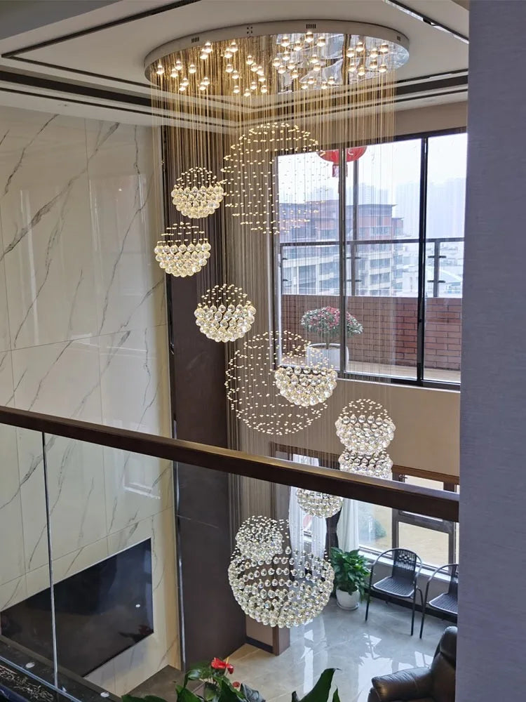 DecorBites™ Crystal Ball Chandelier: Modern LED Spiral Pendant Light for Staircase, Living Room, Lobby