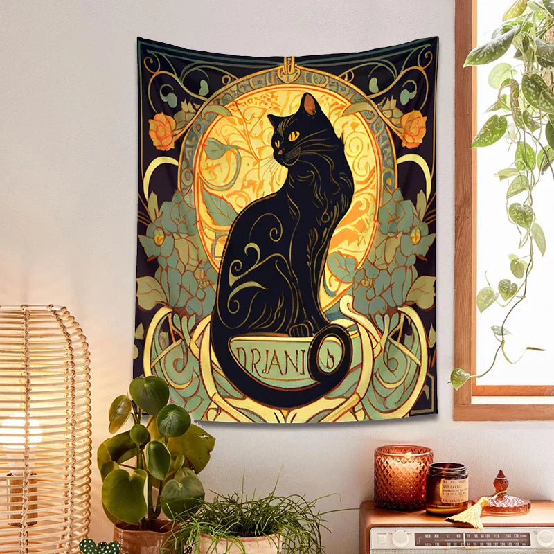 DecorBites™ Black Cat Tapestry Wall Hanging Art Nouveau Floral Boho Decor