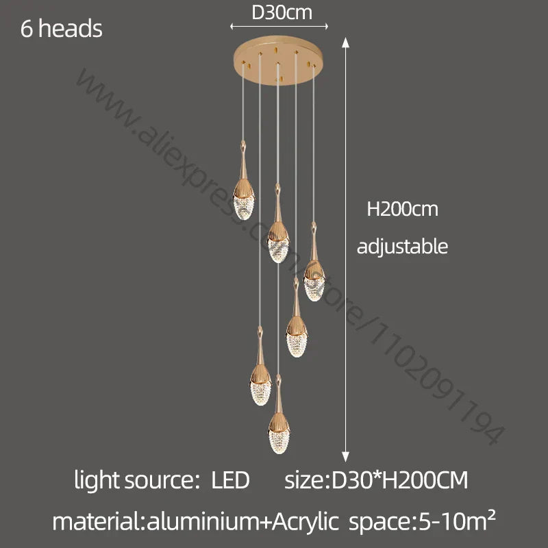 DecorBites™ Gold LED Staircase Chandelier: Elegant Luxury Large Pendant Lamp for Living Room