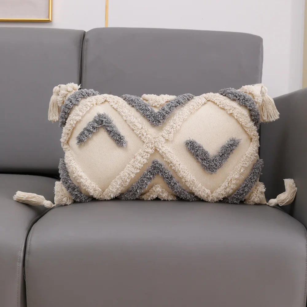 DecorBites™ Grey Geometric Tufted Cushion Cover with Fringe, Home & Car Decor Pillow Cover