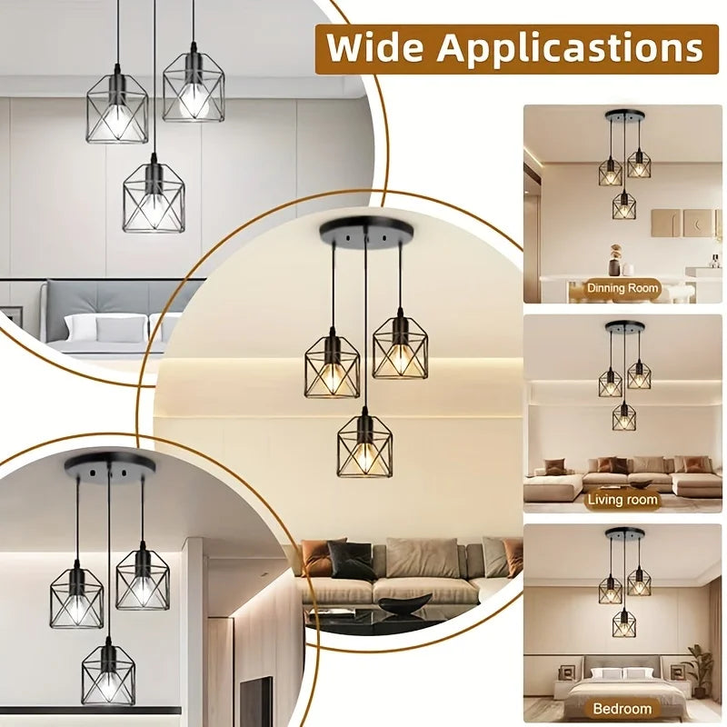 Vintage 3-Light Black Metal Pendant Chandelier