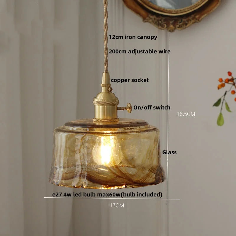 DecorBites™ Brass Knob Switch LED Pendant Light, Nordic Amber Glass Hanging Lamp