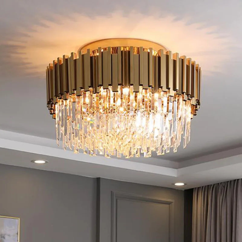 مصباح سقف LED دائري كريستالي ذهبي من DecorBites™ لغرفة المعيشة العصرية
