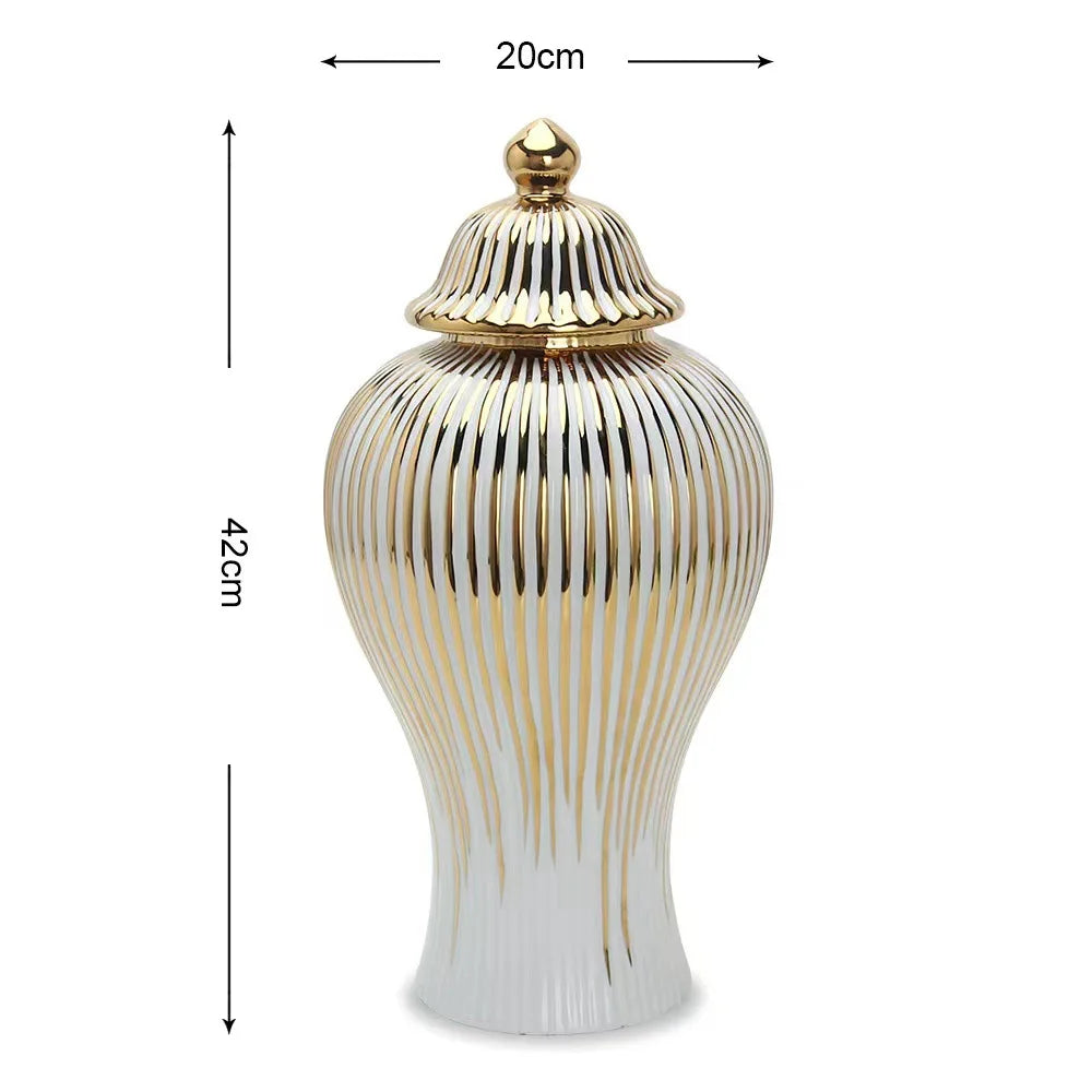 DecorBites™ Gold Striped Ceramic Jar Vase Hand-made Porcelain Home Decor Storage