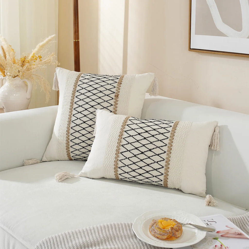 DecorBites™ Linen Stripe Diamond Woven Cushion Cover 45x45cm with Tassels