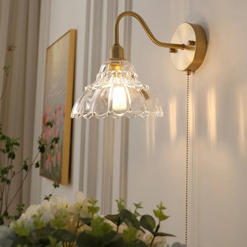 DecorBites™ Brass LED Wall Sconce Clear Glass Pull Chain Switch Modern Vanity Light