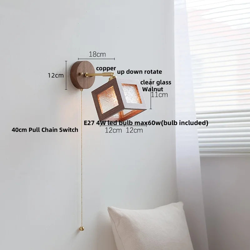 DecorBites™ Clear Glass LED Wall Light Fixture Walnut Wood Pull Chain Switch Nordic Modern Wall Lamp