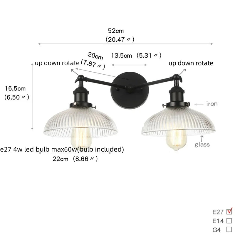 DecorBites™ Industrial LED Wall Light Fixture with Glass Pull Chain Switch - 2 Heads