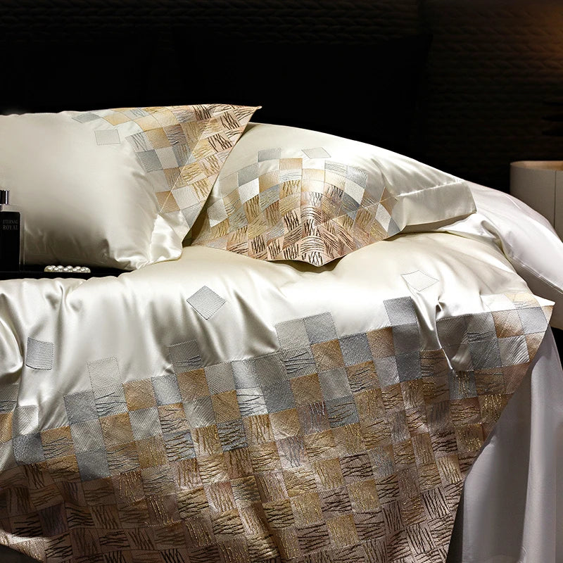 DecorBites™ 4-Piece Luxury Embroidery Bedding Set in Pearl White/Grey Satin Brocade Cotton