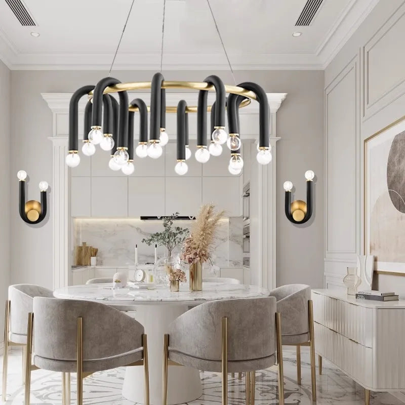 نجفة DecorBites™ أنبوبية سوداء من الألومنيوم على شكل حرف U LED قابلة للتعتيم للأسقف العالية