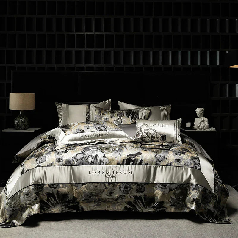 طقم مفرش سرير جاكار وبروكار فاخر من DecorBites™ مع قطن مصري وتطريز
