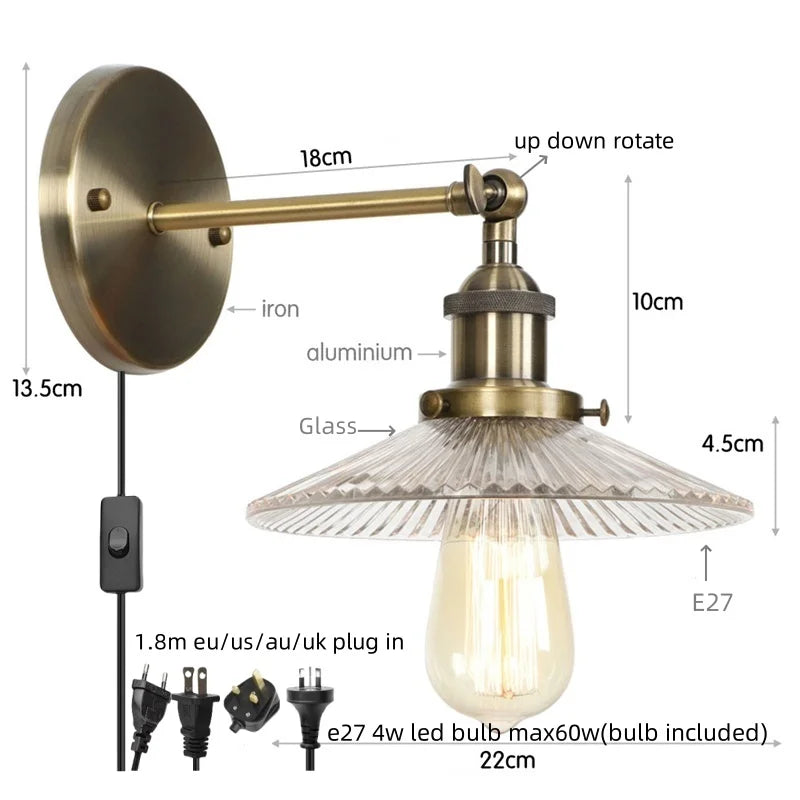 مصابيح حائط LED صناعية لوفت من DecorBites™ لغرفة النوم، مصباح درج بقابس