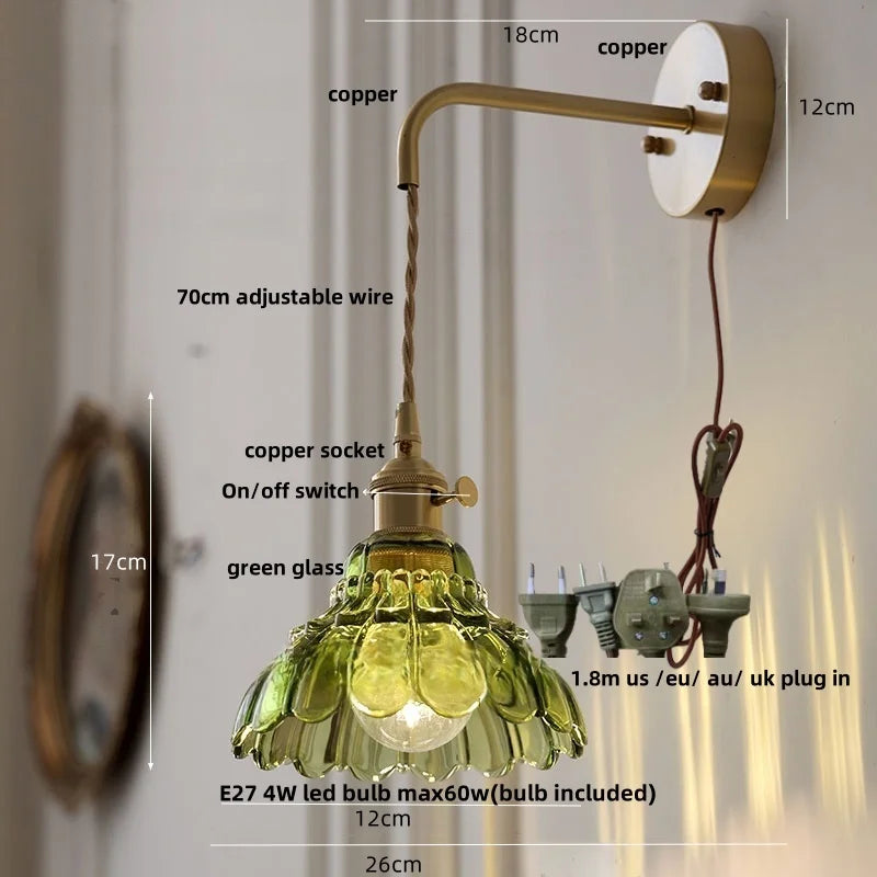 DecorBites™ Amber Glass LED Wall Light with Pull Chain Switch, Modern Nordic Flower Wall Sconce