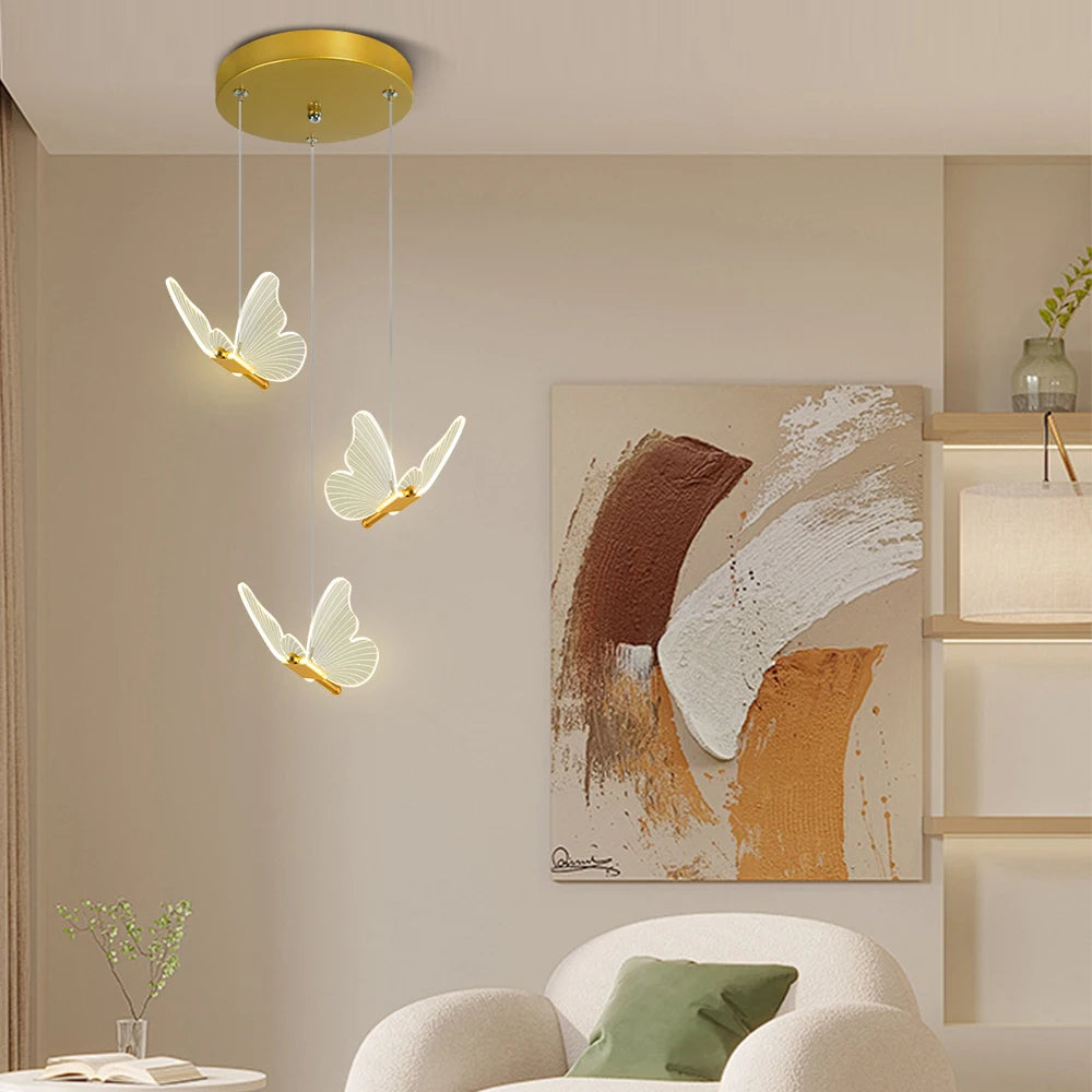 Modern Gold Butterfly 3-Light Metal Pendant Light