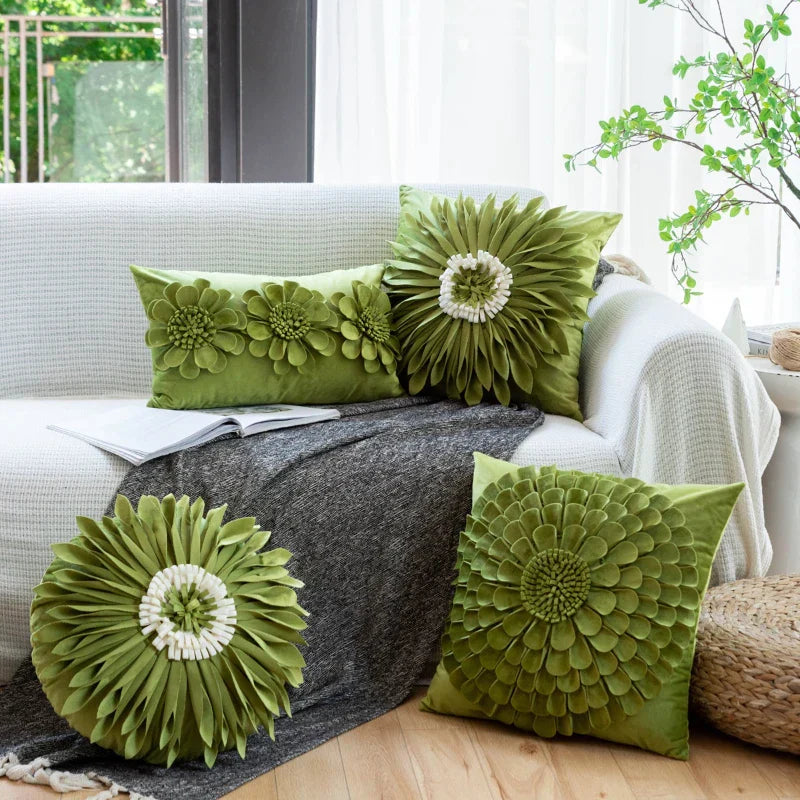 غطاء وسادة ديكور بايتس™ Green Flower لمقعد السيارة والأريكة، ديكور منزلي، وسادة مربعة