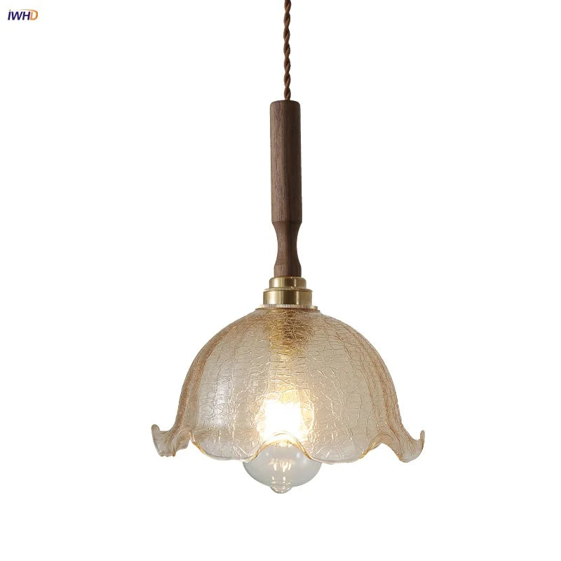 DecorBites™ Amber Glass LED Pendant Lamp with Walnut Wood Accent - Modern Nordic Hanging Light