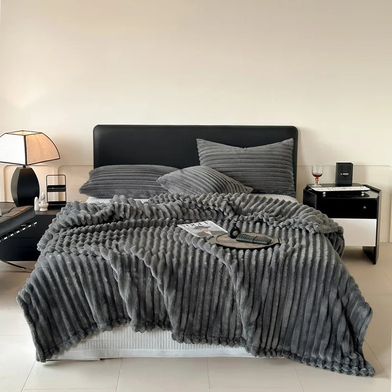 DecorBites™ Cozy Coral Fleece Striped Solid Blanket for Winter Sofa Cover Queen King Sizes