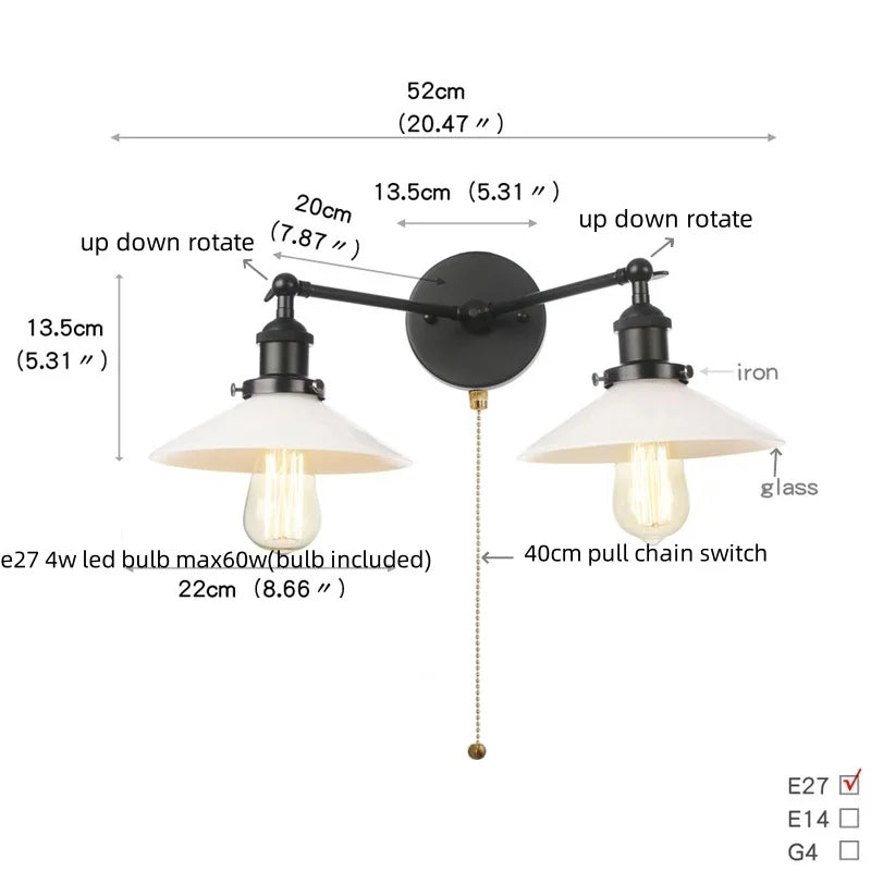 DecorBites™ Industrial LED Wall Light Fixture with Pull Chain Switch, 2 Heads Bedside Lamp