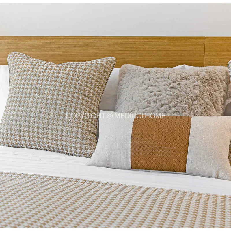 DecorBites™ Beige Gold Houndstooth Jacquard Lumbar Pillowcase for Modern Interiors