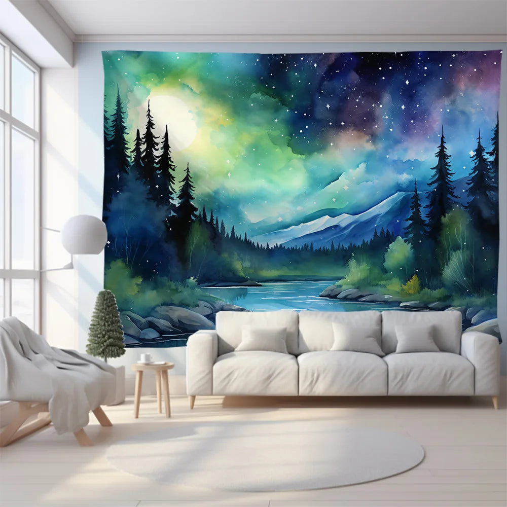 DecorBites™ Green Mountain Tapestry Forest Aurora Series Customizable Hanging Cloth