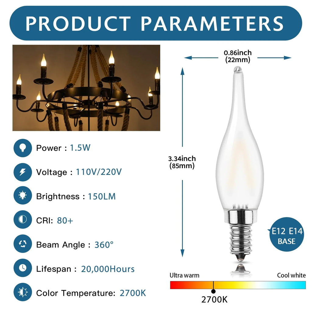 DecorBites™ Frosted LED Candle Bulbs 1.5W Dimmable E12 E14 Base Warm White 2700K - Chandelier Decor Bulb