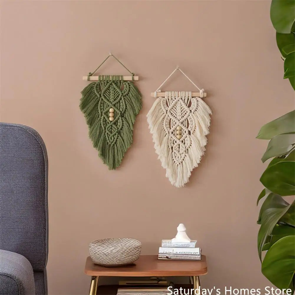 DecorBites™ Handmade Macrame Leaf Hanging Tapestry Wall Decoration Mini Tapestry with Wood Stick