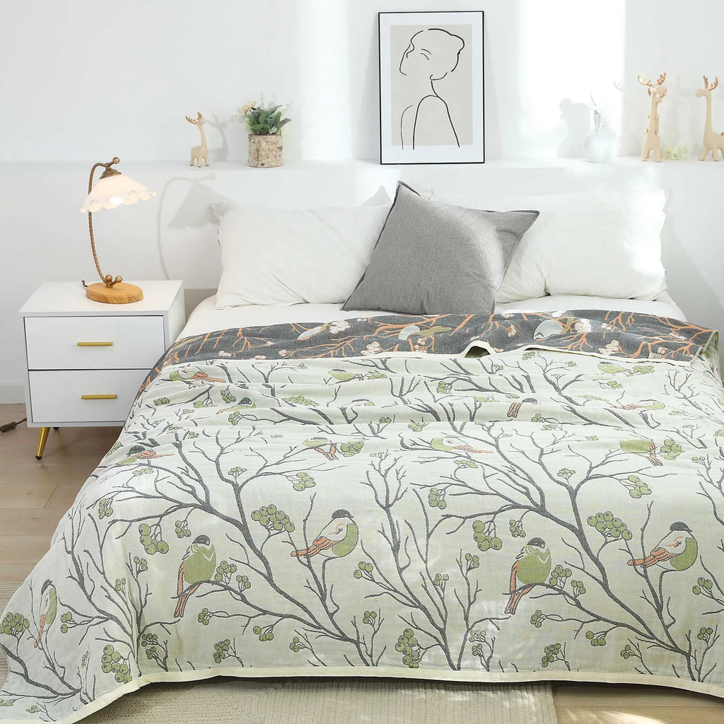 غطاء سرير مفرد ياباني من القطن DecorBites™ مع غطاء وسادة - تصميم طيور وزهور
