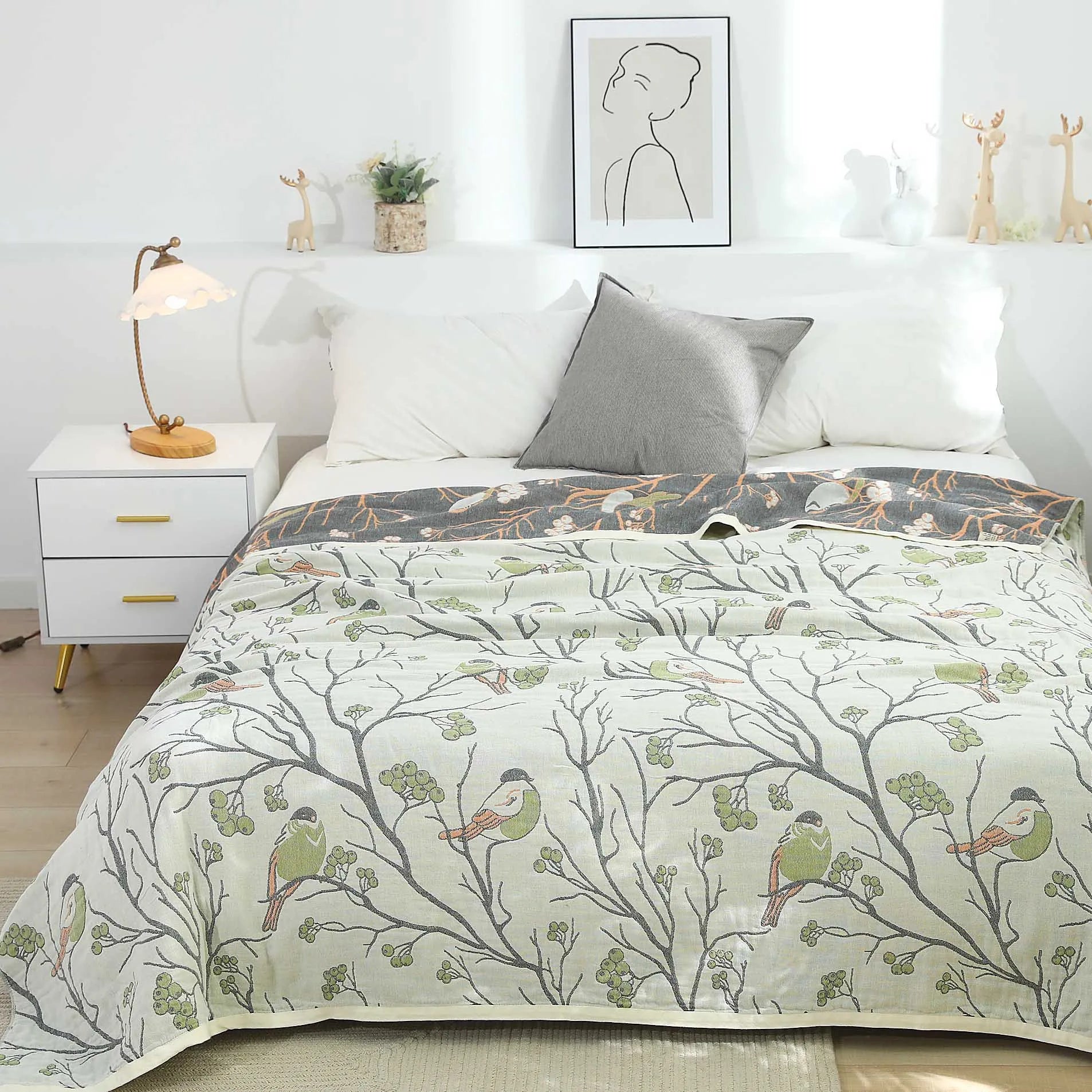 غطاء سرير مفرد ياباني من القطن DecorBites™ مع غطاء وسادة - تصميم طيور وزهور