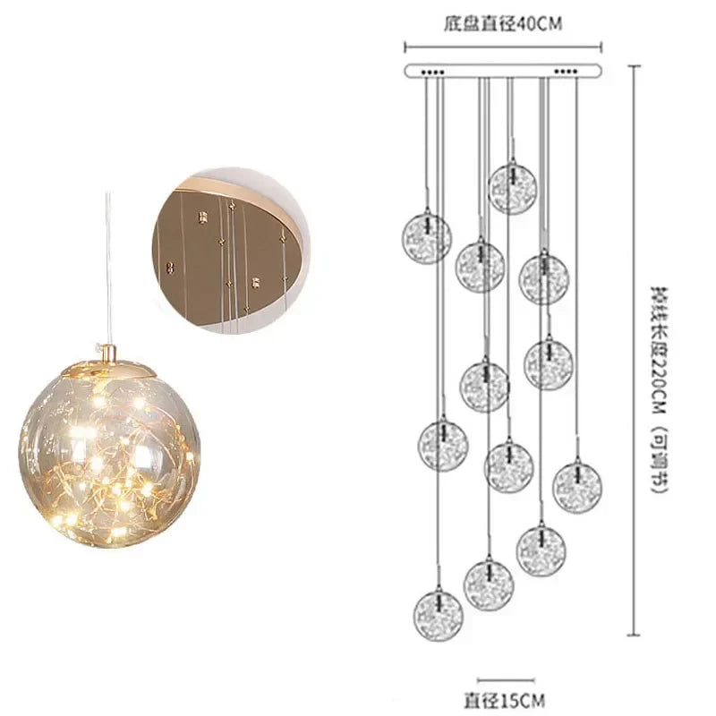 ثريا زجاجية ذهبية بإضاءة LED من DecorBites™: تجهيزات إضاءة للدرج بتصميم كروي دائري بسيط