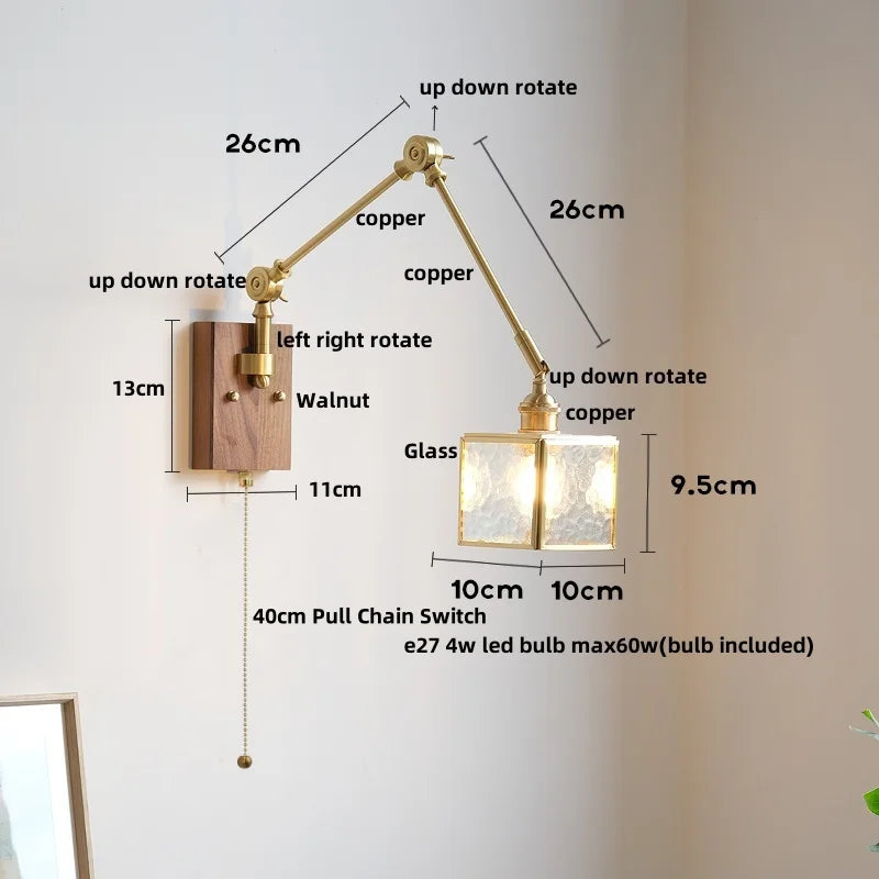 DecorBites™ Cube Glass LED Wall Sconce Walnut Wood 2 Arms Rotatable Mirror Light