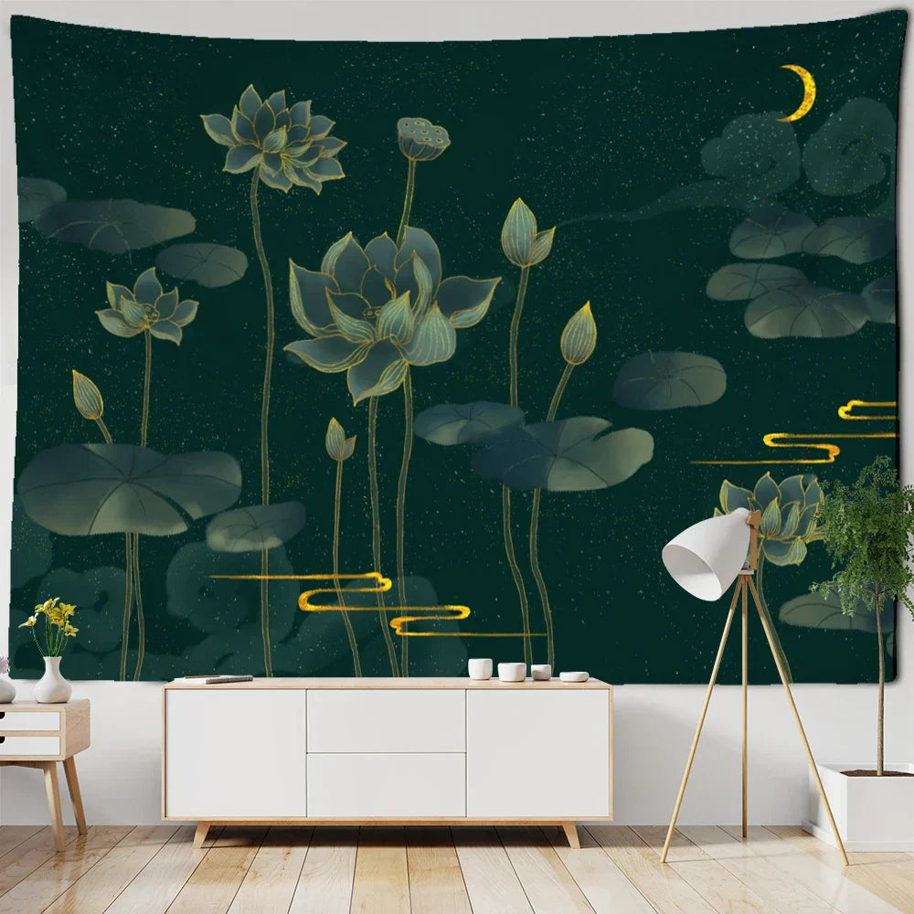 DecorBites™ نسيج معلق على الحائط بزخرفة أسماك الكوي وزهور اللوتس - ديكور منزلي بلمسة بوهيمية